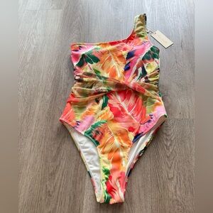 hutch rowen tropical leaf print one shoulder twist detail bikini one piece small
